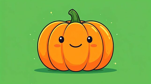 A smiling orange pumpkin with green stem and rosy cheeks sits on a green background with sparkles.