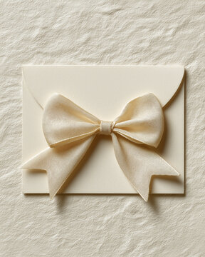 Elegant cream-colored envelope adorned with a delicate satin ribbon bow on textured background.