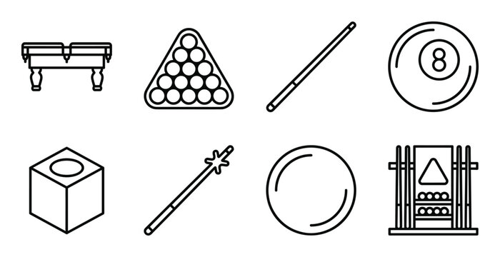 Billiard game items set line art icons pool table balls cue rack.