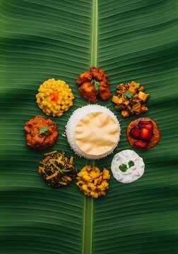 Traditional South Indian Meal Thali Served on a Banana Leaf