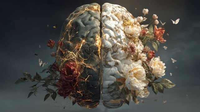 A surreal brain split into dark and light halves, with the dark side featuring withered roses and the light side blooming with vibrant flowers and butterflies.