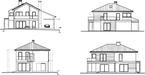 Fototapeta premium Architectural House Elevations Set Featuring Four Detailed Exterior Views of a Modern Two Story Residential Building Design Blueprint