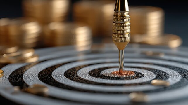 A dart precisely hits the bullseye on a dartboard surrounded by stacks of gold coins, symbolizing accuracy and financial success.