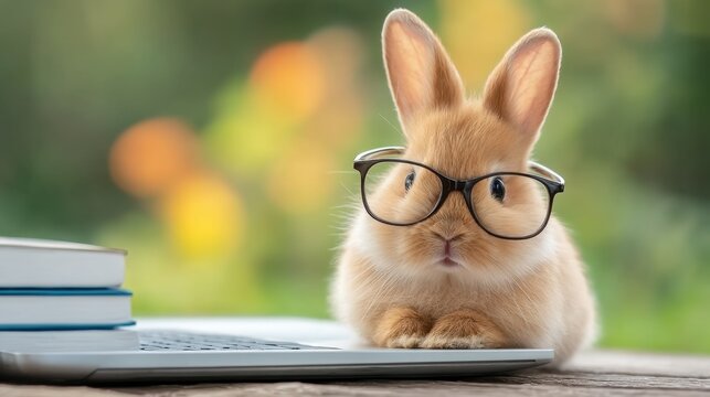 Charming Rabbit with Glasses Resting on Laptop Surrounded by Books in a Soft Focus Nature Background
