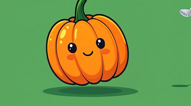 A smiling cartoon pumpkin with rosy cheeks and a green stem sits on a green background with a leaf.