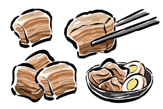 豚の角煮　箸でつまむ・皿に盛る　筆タッチ手描きイラスト