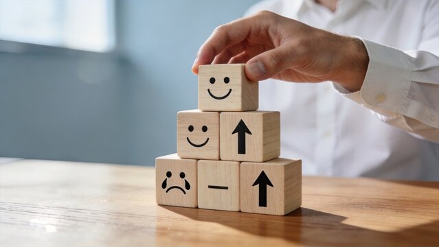 Business man stacking wooden blocks with positive emotion growth strategy success building up happiness confidence motivation mental well being corporate development teamwork