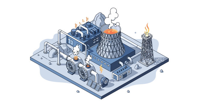 Industrial Power Plant with Cooling Tower and Smoke Stack generating Energy