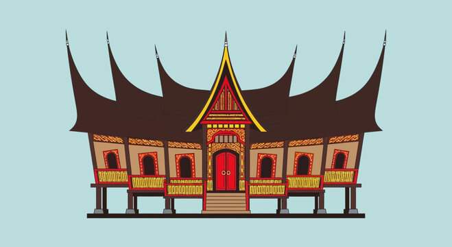 Traditional Minangkabau House Architecture, Indonesia, Vector Illustration