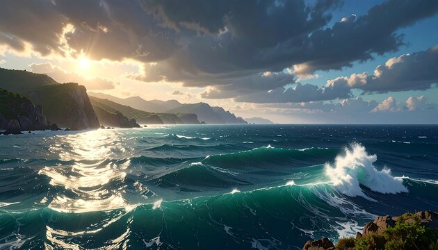 A serene ocean landscape with waves crashing against the shore at sunset