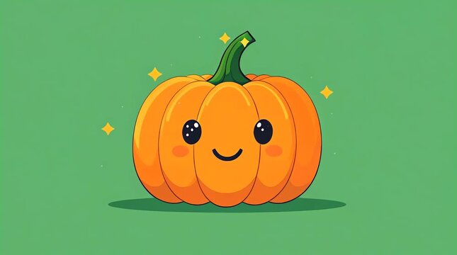 A cartoon pumpkin with a smiling face and sparkles around it on green background