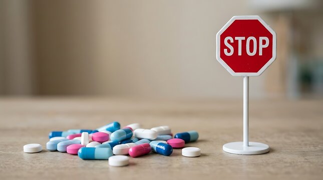 Pile of colorful pills and capsules next to a red stop sign, symbolizing medication control, addiction awareness, and the importance of responsible drug use.