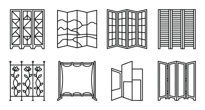 Decorative room dividers and screens set, diverse styles and patterns, interior design elements, foldable partitions, modern home decor.