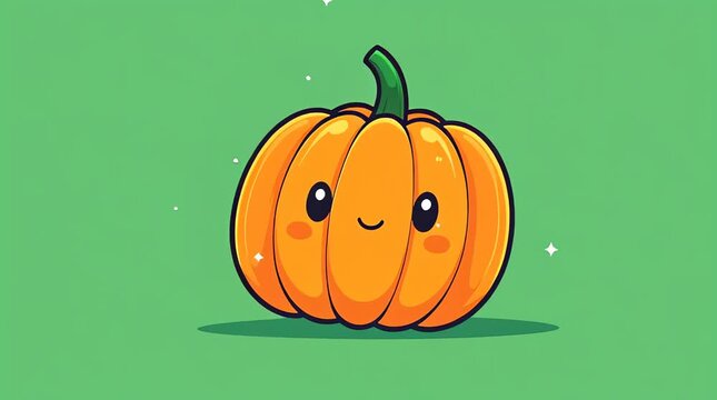 A cute cartoon pumpkin with a smiling face and green stem sits on a green background with sparkles.