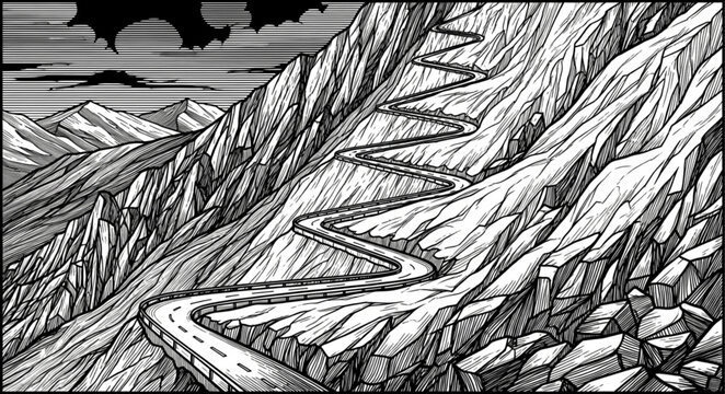 Winding mountain road with sharp turns and dramatic landscape.
