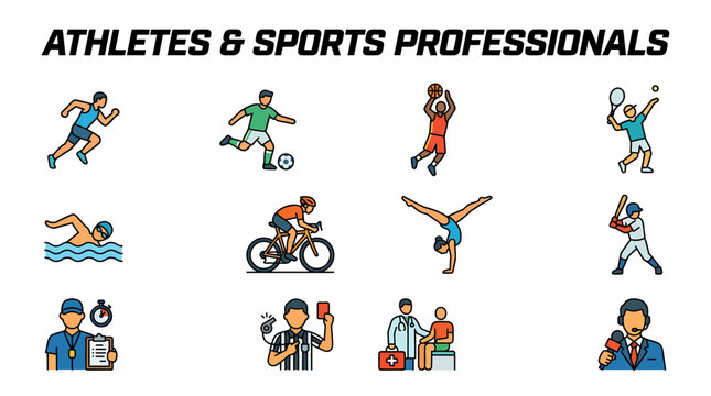Diverse Athletes and Sports Professionals Icons Set