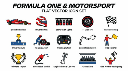 Fototapeta premium Formula 1 & Motorsport Flat Vector Icons Set