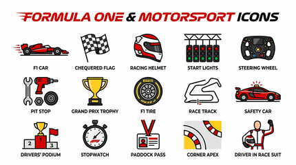 Fototapeta premium Formula 1 & Motorsport Icons: F1 Car, Race Track, Trophy
