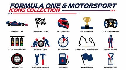 Fototapeta premium Formula 1 Motorsport Icons Collection - Racing, Trophy, Helmet, Flag