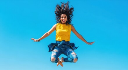 Obraz premium Joyful young woman jumping high against bright blue sky, carefree energy, ripped jeans and yellow top capturing freedom, confidence and pure happiness in motion