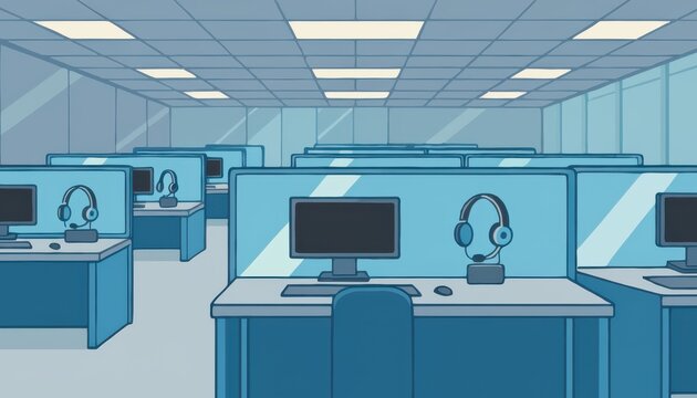 An office interior with cubicles, computers, headsets on desks in a business workspace environment viewed from inside.