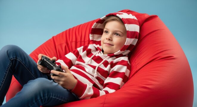 Happy child gaming on red bean bag, boy in striped hoodie playing video games with controller against bright blue background in playful studio setting

