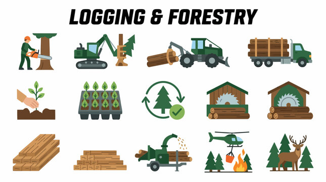 Logging and Forestry Icons: Tree Cutting, Planting, Transport