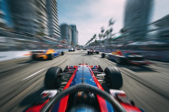 Formula 1 Race Car Speeding Down City Street Track.