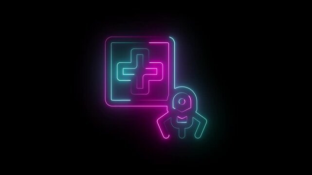 Neon medical bag icon. Medical box with cross. Medical equipment for emergency.