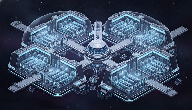 A futuristic city with a large dome and a large dome