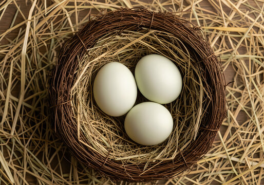A nest with three eggs made of twigs and grass fibers