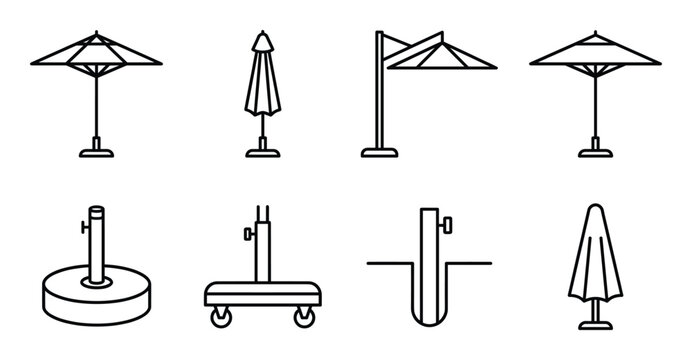 Set of patio umbrellas, stands, and bases line art vector illustrations for outdoor shade and design.