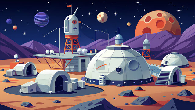 A cartoon illustration of a space station with a rocket and a spaceship