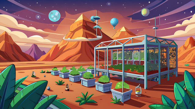A small space station with plants and planets