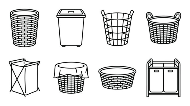 Variety of laundry baskets and hampers for clothes on transparent background.