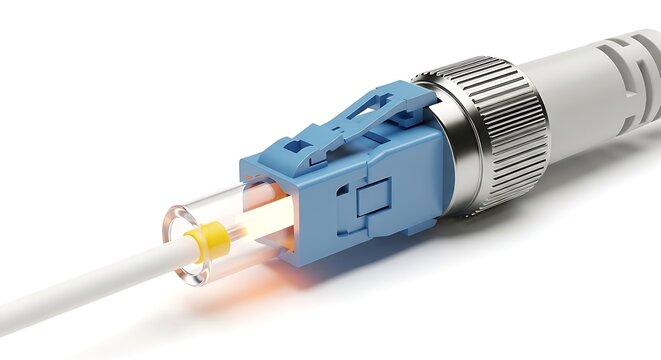 Close-up of a blue connector attached to a white ethernet cable with orange light, ethernet