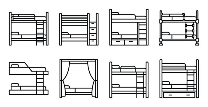 Various bunk beds and loft beds in outline style for children's rooms and compact living spaces.