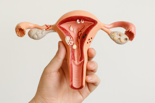 Educational anatomy model of female reproductive system. hand holds realistic uterus and ovary showing various pathologies like fibroid and tumor for medical study
