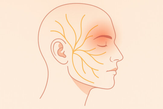 Medical illustration of facial anatomy highlighting trigeminal nerve and its pathways. diagram showing glowing pain and neuralgia around eye and temple zone