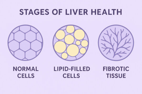 Three stage liver health diagram of normal cell, lipid filled cell, and fibrotic tissue. This simplified biomedical design uses lavender palette with bold annotation text