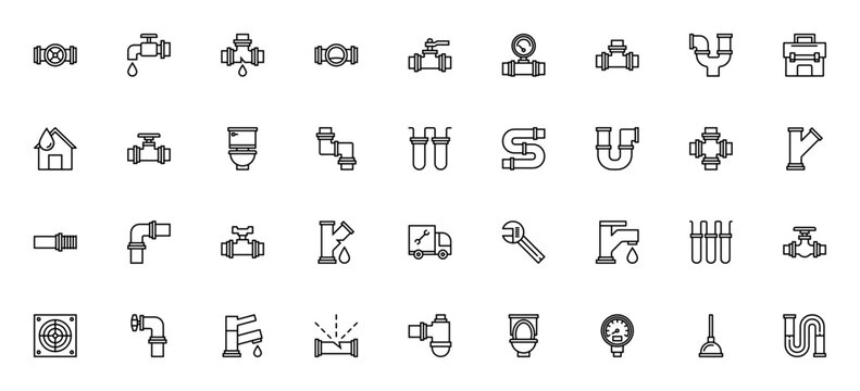 Plumber tools icon set. Vector illustration of plumbing, pipe, valve, faucet, leak, wrench, toilet, filter, toolbox and more. Editable stroke.
