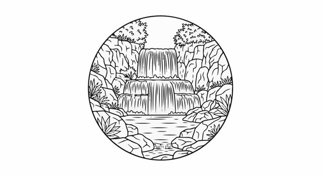 Circular illustration of a tiered waterfall cascading over rocks and surrounded by foliage