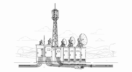 Fototapeta premium Communication tower with satellite dishes and equipment in a rural landscape
