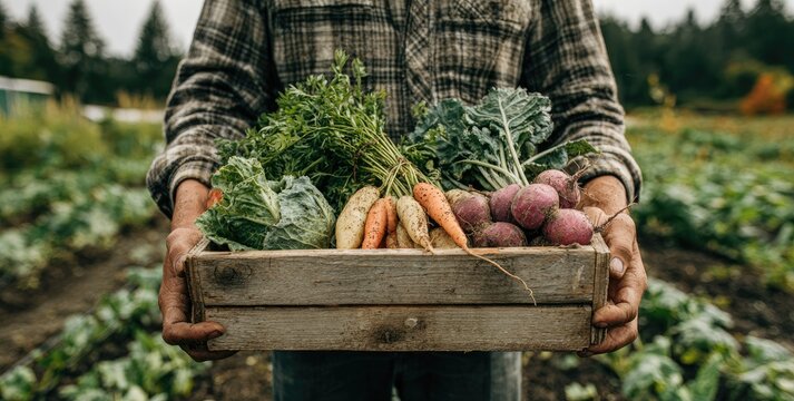 Farmer Holding Wooden Crate Full of Freshly Harvested Organic Vegetables.