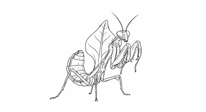 Detailed line drawing of a mantis insect with a leaf design