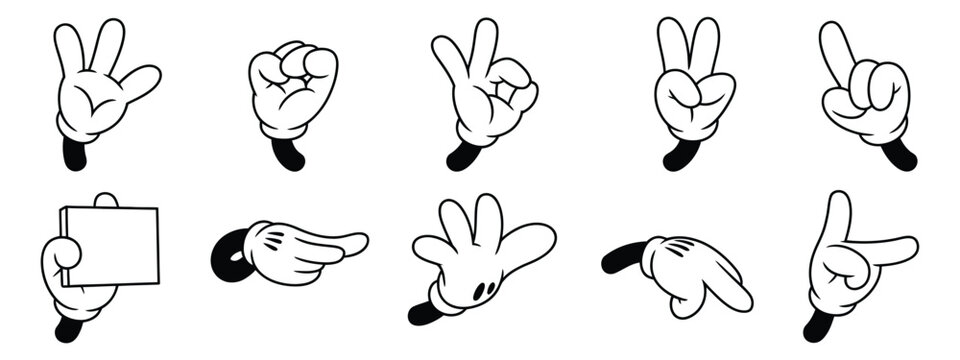 Vintage cartoon hands in gloves cartoon hand gesture set, pointing thumbs up and finger direction icons, retro illustration style, expressive gesture collection