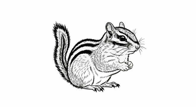 Detailed ink drawing of a chipmunk with striped fur and bushy tail