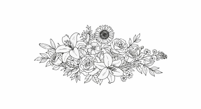 Delicate line art floral arrangement with lilies, roses, and sunflowers