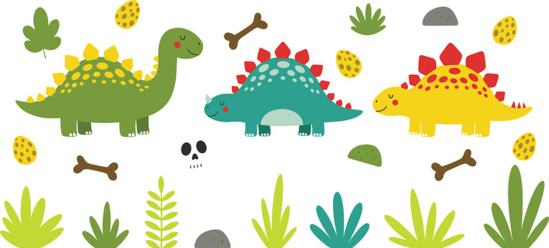 Cartoon Dinosaur Set Featuring Stegosaurus and Fossils with Bones, Rocks, and Plants for Kids&rsquo; Learning and Illustration Projects