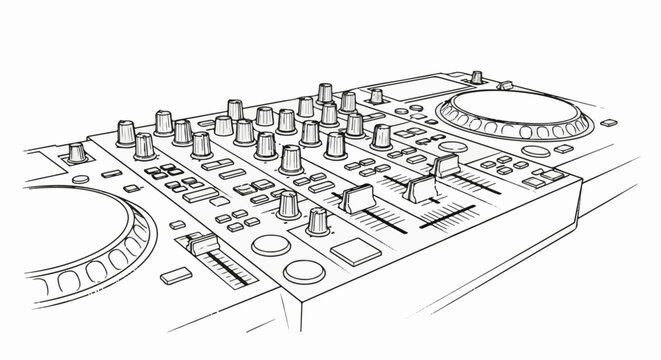 Detailed line drawing of a professional DJ mixer and turntable setup